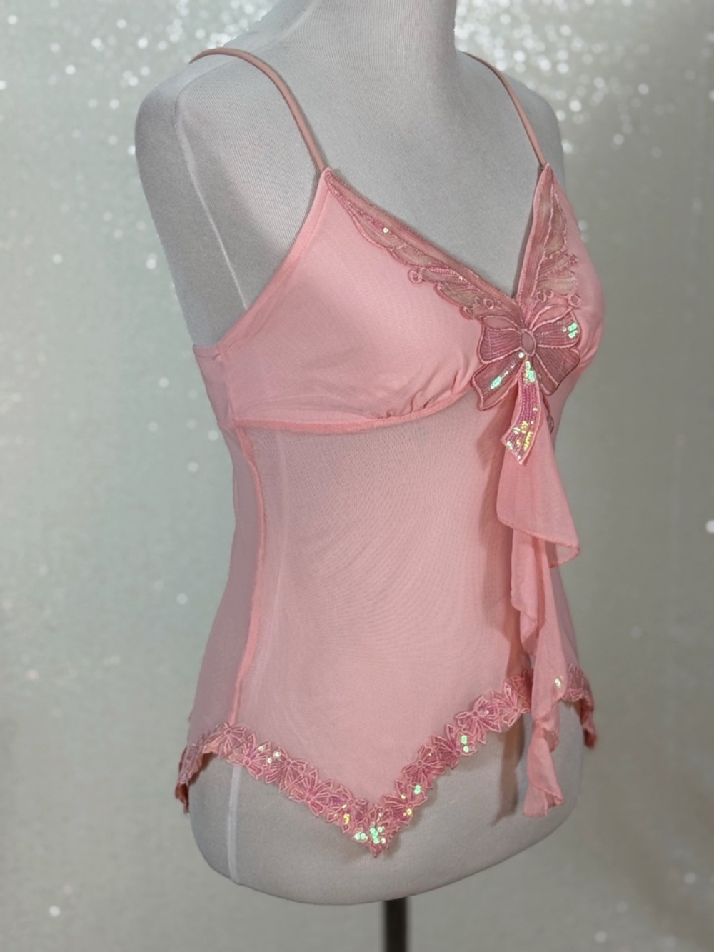Y2K Pink Sheer Mesh Camisole Top Sequin Bow Lace Trim Fairycore Babydoll - Picture 10 of 12